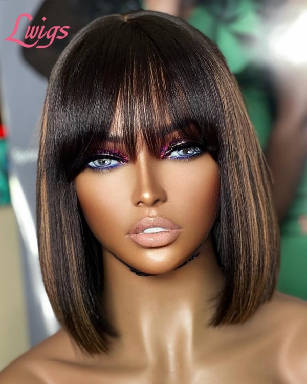 Lwigs New Arrivals Highlight Color Human Hair Lace Wigs Short Bob Haircut 13x6 HD Lace Front Wig With Bangs NEW61