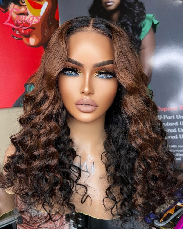Lwigs New Arrivals Invisible HD Lace Ombre Brown Highlight Color Big Curly Bleached Single Knots 13x6 Lace Front Wig NEW62