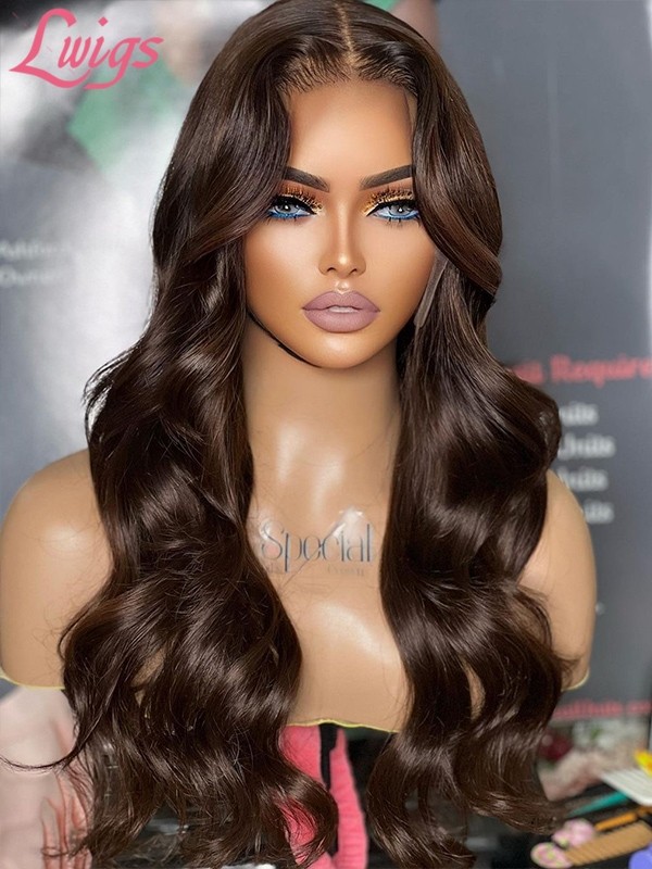 Lwigs New Arrivals Middle Part Brown Color Beginners Friendly Body Wave 360 HD Lace Wigs With Plucked Hairline NEW31