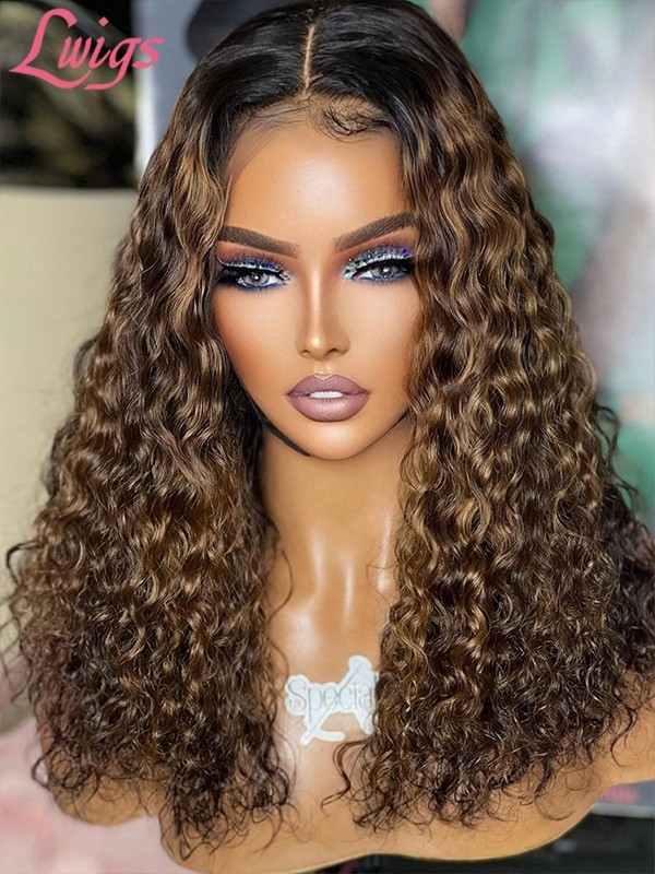 Lwigs New Arrivals Ombre Brown Color With Highlights 18 Inches Bleached Knots Brazilian Human Hair Curly 360 Lace Wigs NEW32
