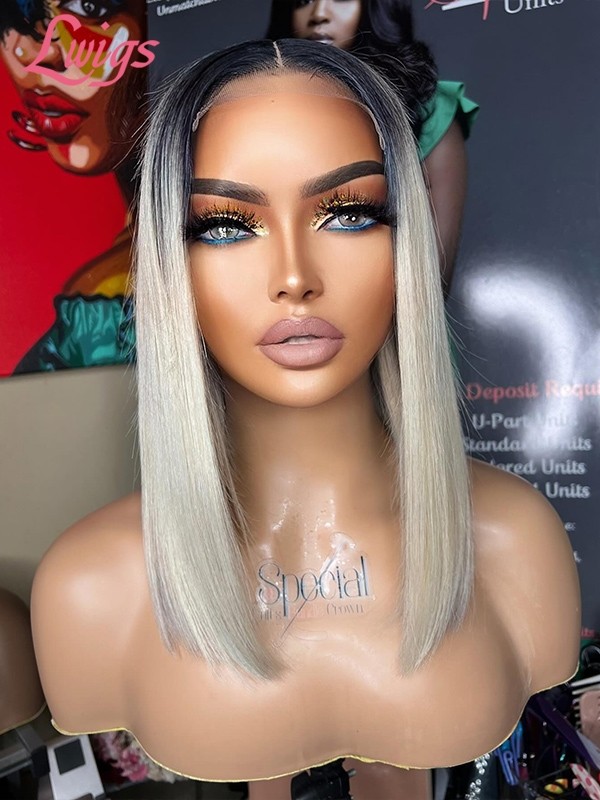 Lwigs New Arrivals Short Bob Dark Roots Ombre Color Middle Part Natural Hairline Invisible 13x6 HD Lace Front Wigs NEW65