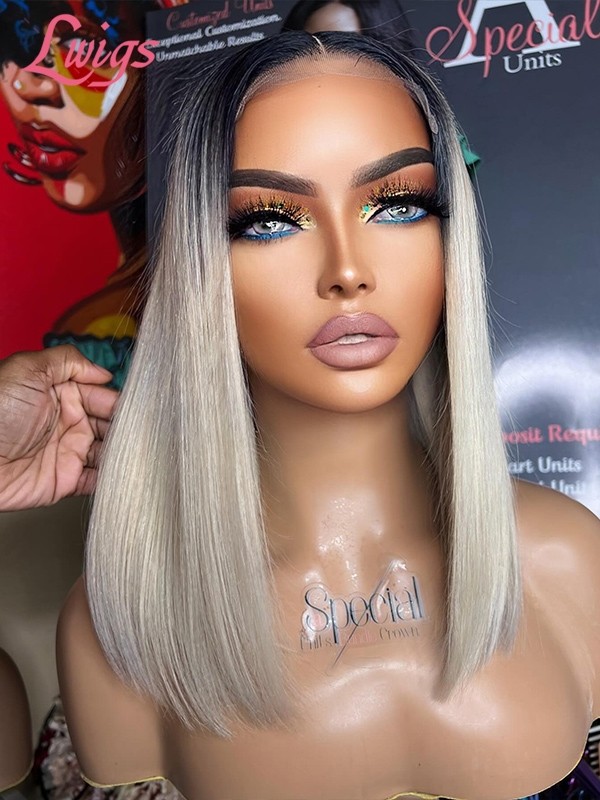 Lwigs New Arrivals Short Bob Dark Roots Ombre Color Middle Part Natural Hairline Invisible 13x6 HD Lace Front Wigs NEW65