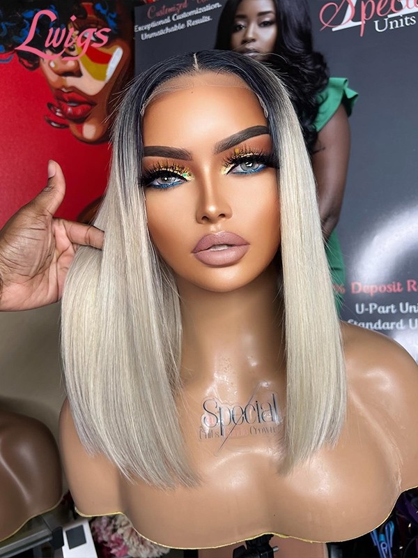 Lwigs New Arrivals Short Bob Dark Roots Ombre Color Middle Part Natural Hairline Invisible 13x6 HD Lace Front Wigs NEW65