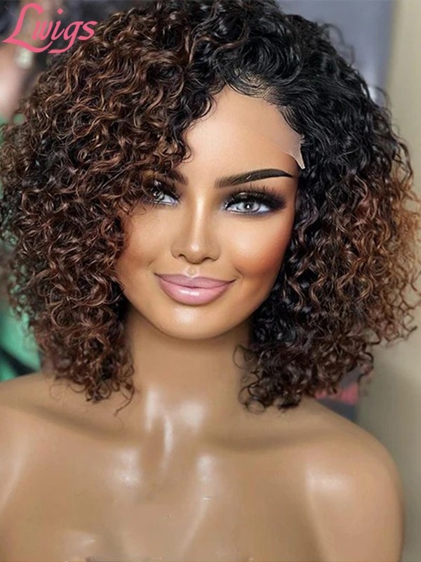 Lwigs New Arrivals Short Curly Wig Undetectable HD Lace Ombre Brown Color 360 Lace Wig With Pre-plucked Hairline NEW51