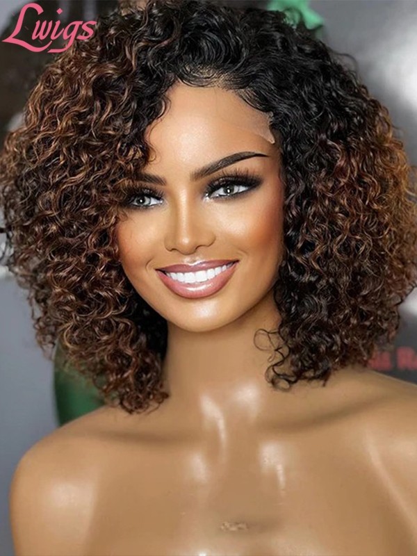 Lwigs New Arrivals Short Curly Wig Undetectable HD Lace Ombre Brown Color 360 Lace Wig With Pre-plucked Hairline NEW51
