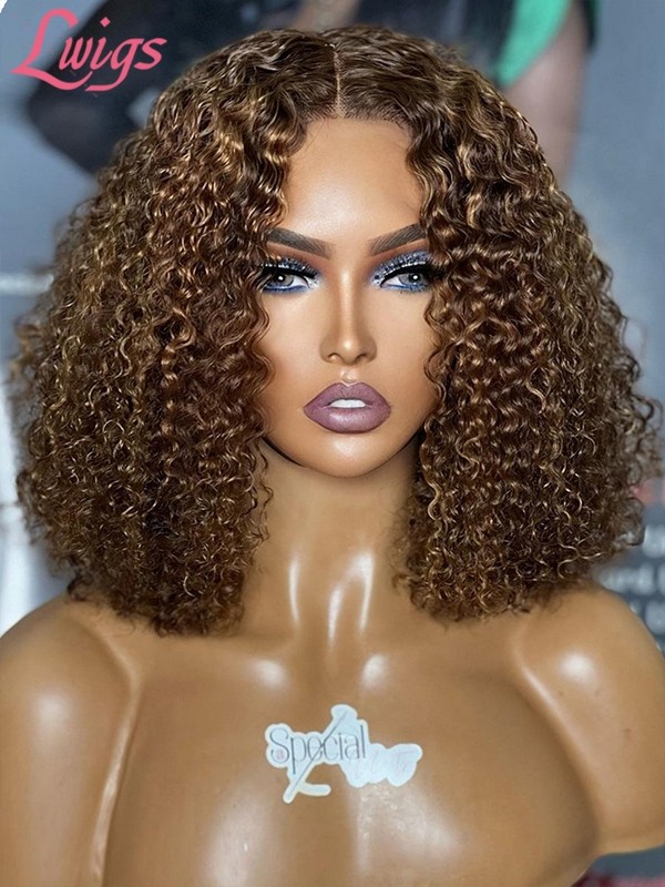 Lwigs New Arrivals Short Kinky Curly Bob Haircuts Brown Color 360 Invisible HD Lace Wigs Unprocessed Human Hair NEW33