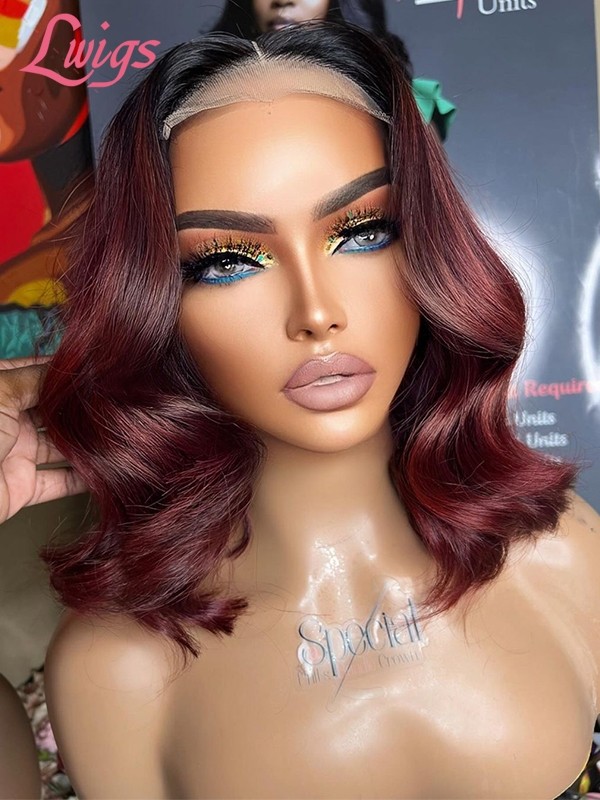 Lwigs New Arrivals Summer Hot Style Ombre Dark Burgundy Color Short Body Wave 13x6 HD Lace Front Wigs For Black Women NEW71