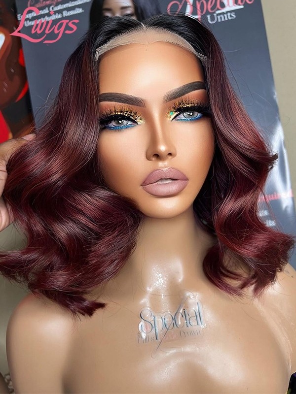 Lwigs New Arrivals Summer Hot Style Ombre Dark Burgundy Color Short Body Wave 13x6 HD Lace Front Wigs For Black Women NEW71