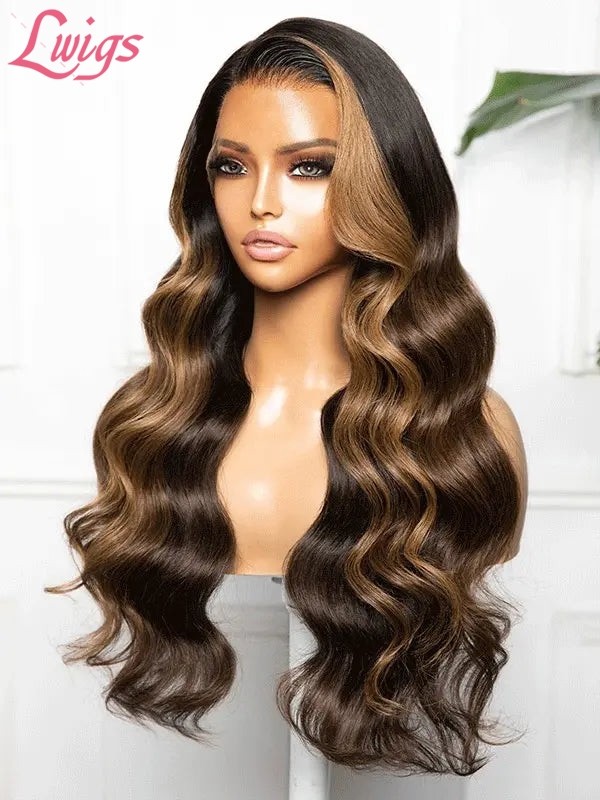 Lwigs New Arrivial Black Girl Magic Ombre Highlight Color Brazilian Human Hair Side Part Wavy 360 HD Lace Wigs NEW37