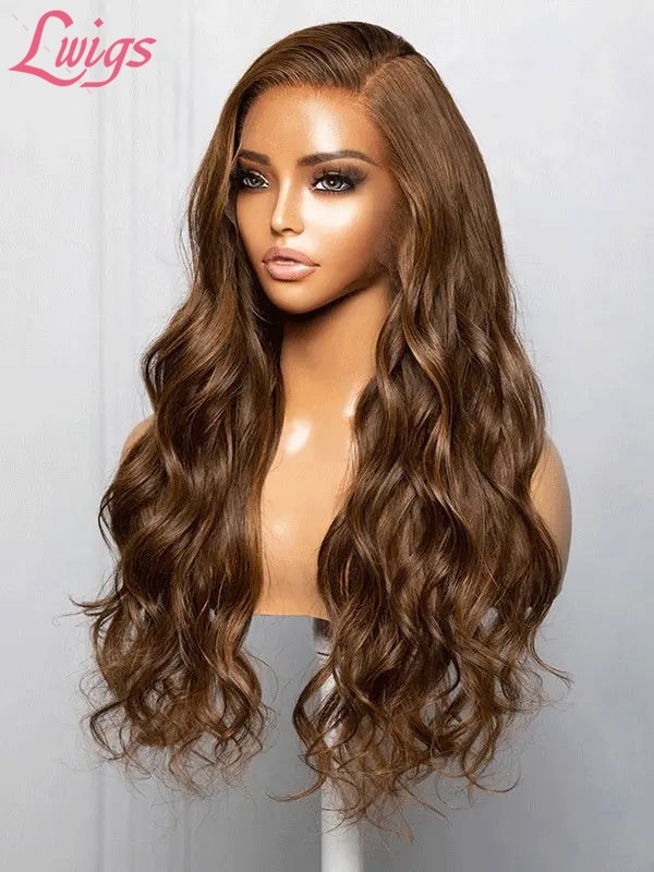 Lwigs New Style Top Quality Clean Hairline Brazilian Hair Brown Color Side Part Wavy Hair 360 HD Clear Lace Wigs NEW38