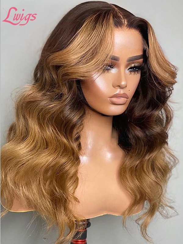 Lwigs Ombre Wavy Hair Bleached Knots Highlight Color Wig Body Wave HD Transparent 13x6 Lace Front Human Hair Wig NEW20