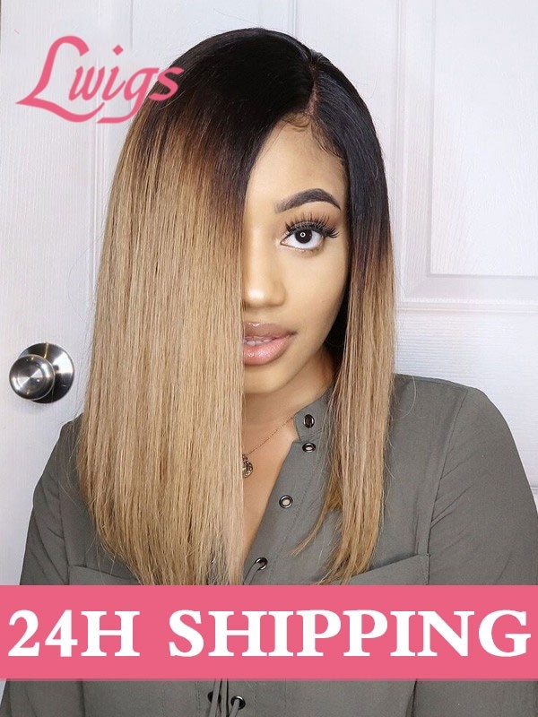 Lwigs 24H Shipping Silk Straight Lace Front Wigs For Black Women Ombre Color 1b/30# Brazilian Virgin Hair 13x4 Transparent Lace Bob Style Lace Front Wig S05