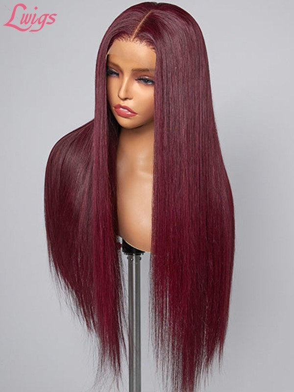 Lwigs Wear & Go Silk Straight Burgundy #99J Color Natural Hairline 5x5 Glueless Closure Wig Beginner Friendly 10s Install Lwigs128
