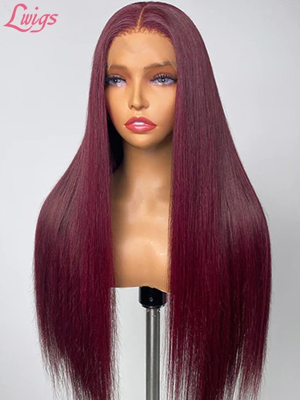 Lwigs Wear & Go Silk Straight Burgundy #99J Color Natural Hairline 5x5 Glueless Closure Wig Beginner Friendly 10s Install Lwigs128