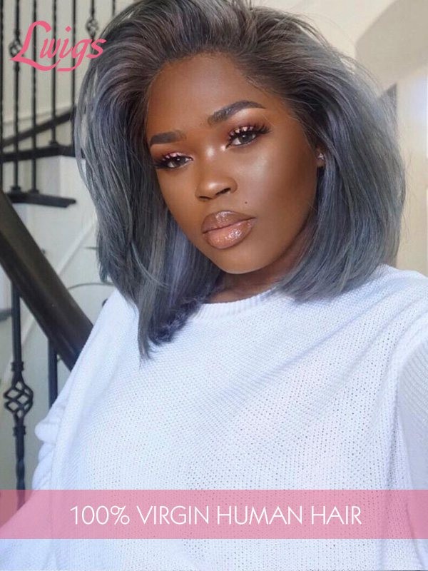 Bob Wig Human Hair 180% Density Ombre Grey Color Hair 13x4 Transparent Lace Front Wig Bleached Knots Bob Haircut With Ombre Color Lwigs229