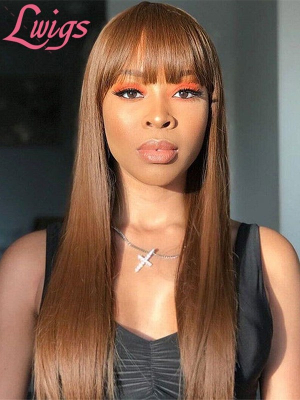 New Arrival Silky Straight Glueless 13x6 Lace Front Human Hair Wigs With Bangs Brown Hair Color Wig For Black Women Lwigs246