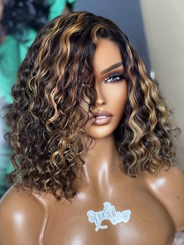 New Balayage Blonde Highlights On Natural Color Wig For Beginners Deep Side Part Bob Wig 360 Wig Human Hair NEW17