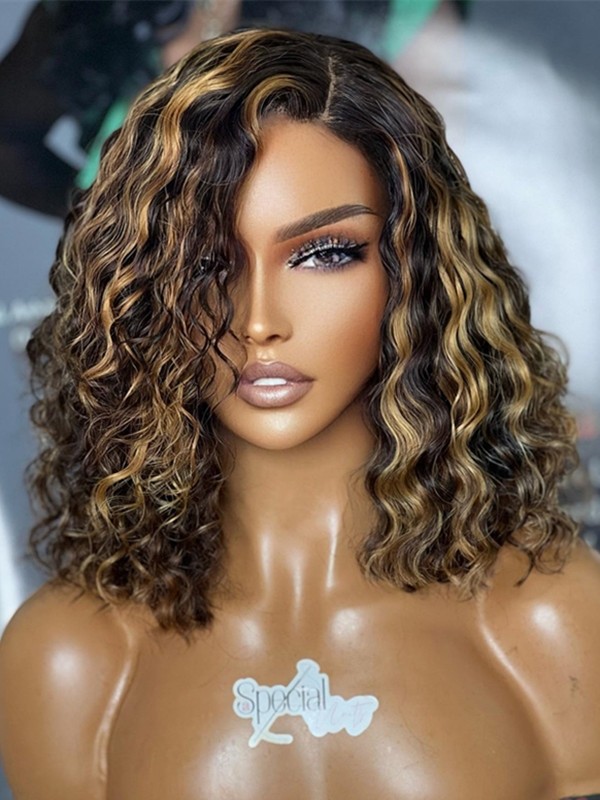 New Balayage Blonde Highlights On Natural Color Wig For Beginners Deep Side Part Bob Wig 360 Wig Human Hair NEW17