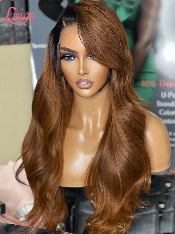 New In Brown Hair Color Wig With Black Roots Bleached Knots Brazilian Human Hair Ash Brown Wavy Hairstyles Natural Hairline NEW23