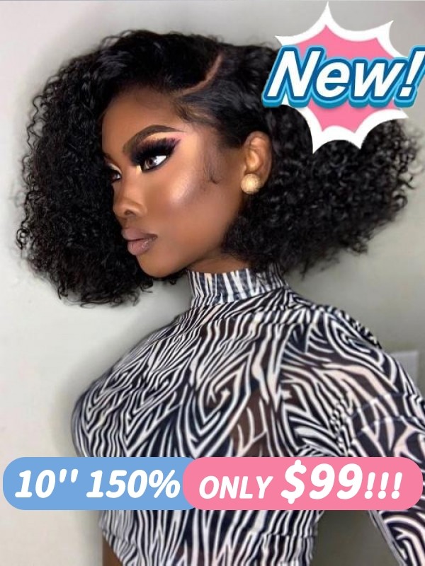 New In Short Bob With Side Part $99 Only 10 Inch Pre-bleached Knots Curly Bob Haircut C-Part Lace Wig Lwigs254