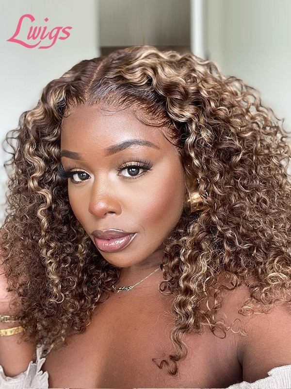 Ombre Ash Blond Human Hair Undetectable HD Lace Front Wig Kinky Curly 6" Deep Parting Invisible HD Lace Wig For Girls Lwigs112