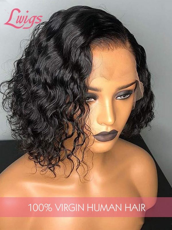 Short Cut Side Part Deep Wave 100 Human Hair Lace Front Wig For