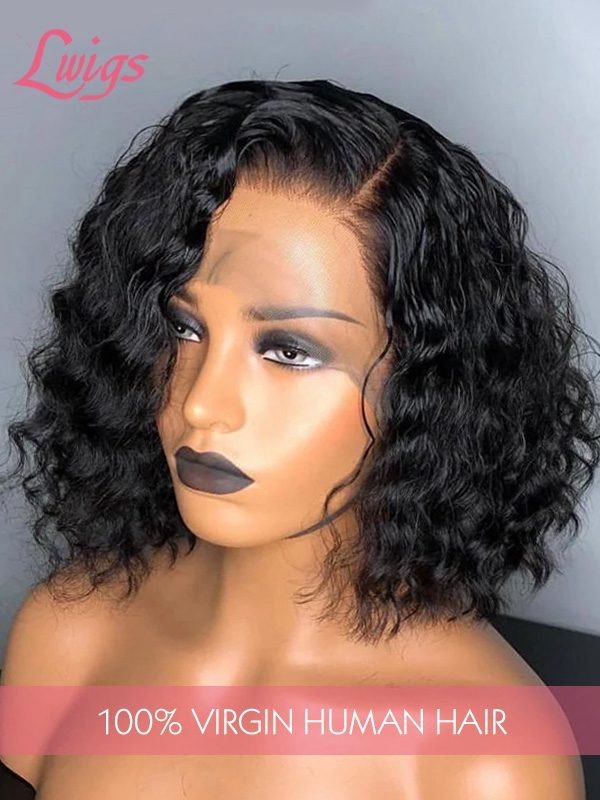 Short Cut Side Part Deep Wave 100 Human Hair Lace Front Wig