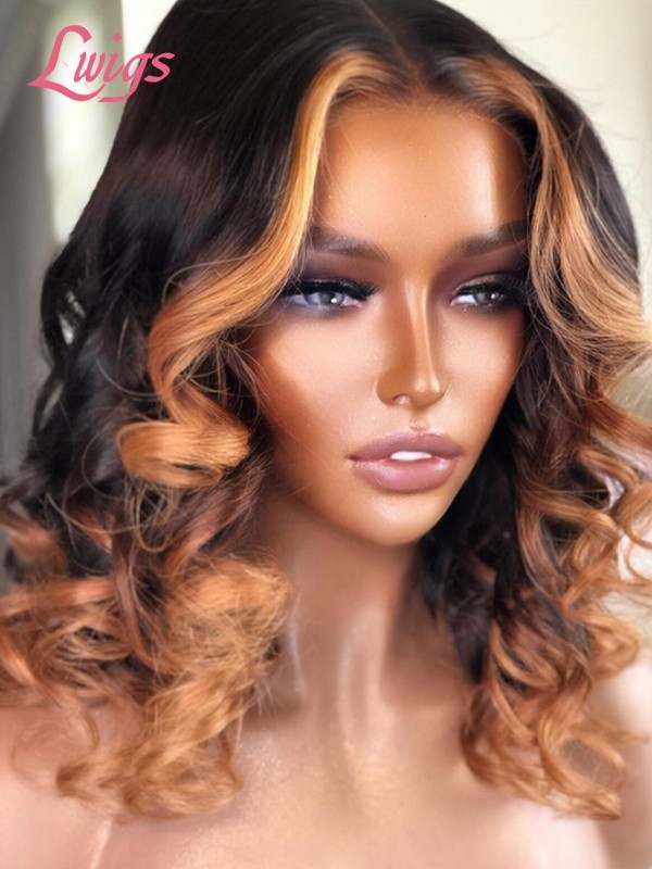 Summer Short Hair Highlight Color 13*6 Lace Frontal Wig Natural Wave Glueless Wig For Beginners Lwigs357
