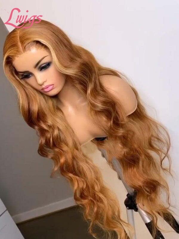 Sunshine Orange Brown Wavy 13x6 HD Lace Wig Body Wave Pre Plucked Hairline Bleached Knots Highlight Lace Front Wigs Lwigs361