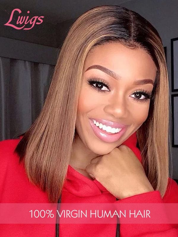T1B30 Ombre Color Straight Short Bob Wig 150% Density Medium Brown Lace Full Lace Wig Lwigs304