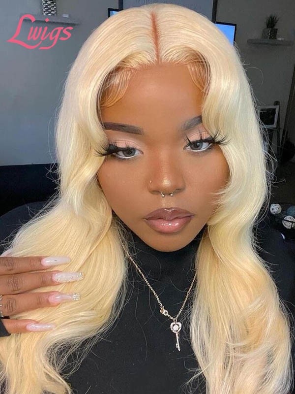 Transparent Swiss Lace 613 Blonde Color Frontal  Lace Wig Thick Body Wave Human Hair With Single Knots Lwigs342