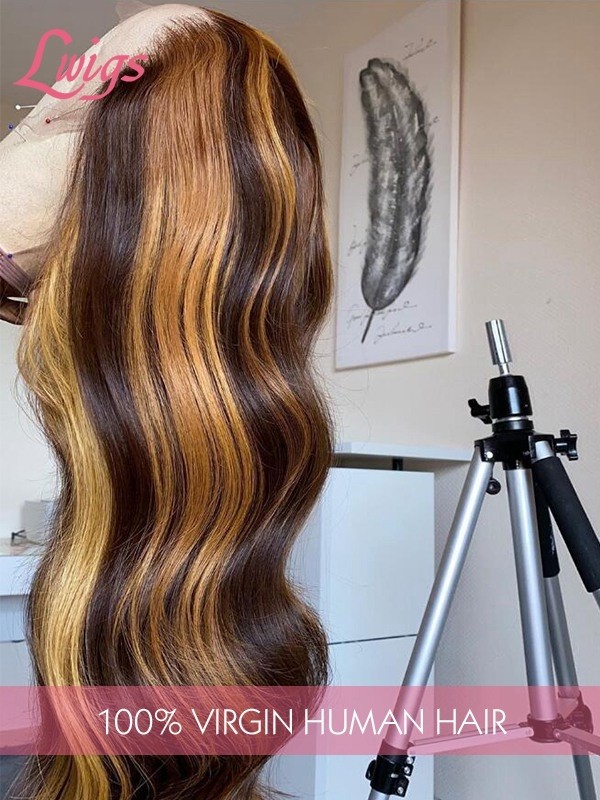 Pre Plucked Brown Wig With Honey Blonde Highlights HD Lace Wig Bleached Knots Body Wave Brazilian Hair 360 Wig Lwigs373