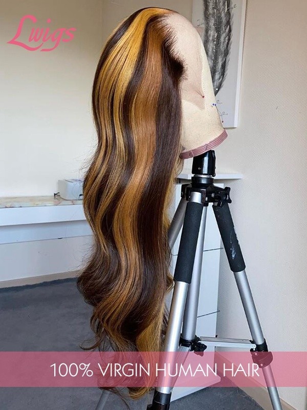 Pre Plucked Brown Wig With Honey Blonde Highlights HD Lace Wig Bleached Knots Body Wave Brazilian Hair 360 Wig Lwigs373