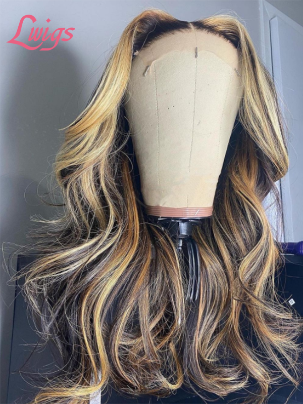 Undetectable HD Lace 13x4 Frontal Wigs Highlights Body Wave With Plucked 190% Density Brazilian Virgin Human Hair MD08
