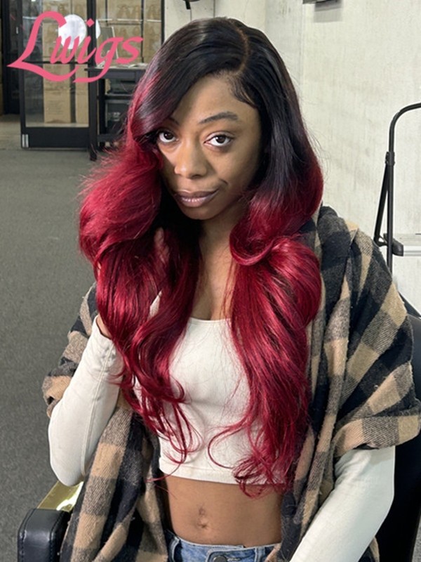 Lwigs 2025 Tax Refund Sale Pre-Plucked #1B Roots Ombre Red Color 22 Inches 200% Density Body Wave 5x5 Lace Closure Wig US01
