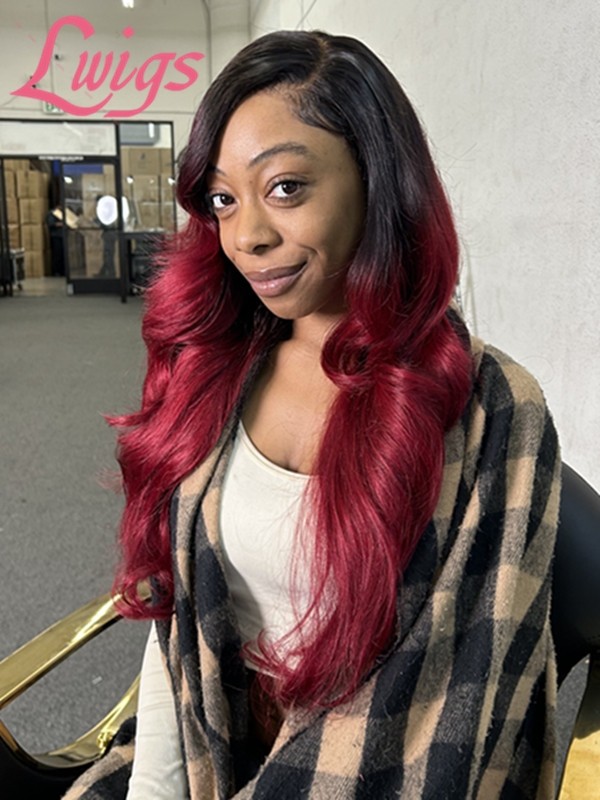 Lwigs 2025 Tax Refund Sale Pre-Plucked #1B Roots Ombre Red Color 22 Inches 200% Density Body Wave 5x5 Lace Closure Wig US01