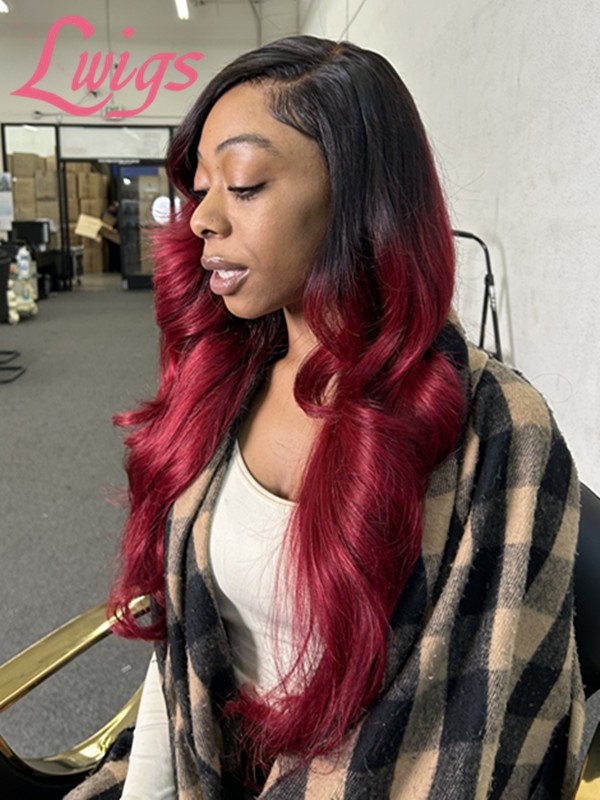 Lwigs 2025 Tax Refund Sale Pre-Plucked #1B Roots Ombre Red Color 22 Inches 200% Density Body Wave 5x5 Lace Closure Wig US01