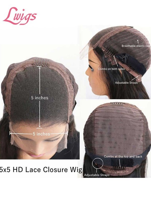 HD Lace 100% Brazilian Human Virgin Hair Natural Black Color Glueless Wigs 5x5 Lace Closure Wig Silky Straight Lwigs418